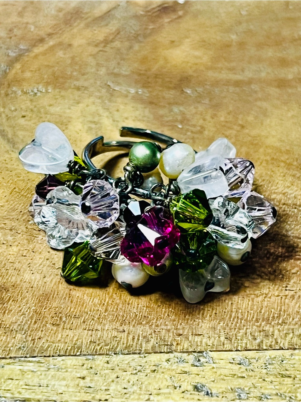 Vintage Cluster Bead Statement Ring in Pink, Green, and Clear adjustable $25 - Picture 9 of 9